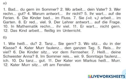 20-schwache Verben- Ergänze die Sätze mit den Präsensendungen der schwachen Verben