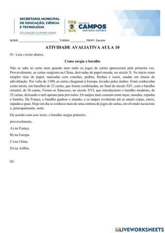 Atividades Avaliativa de Língua Portuguesa 9º ano