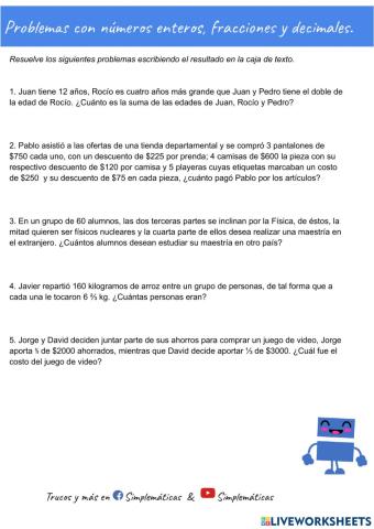 Problemas con enteros, decimales y fracciones