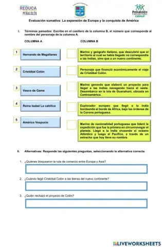 Evaluación sumativa: Expansión de Europa y Conquista de América
