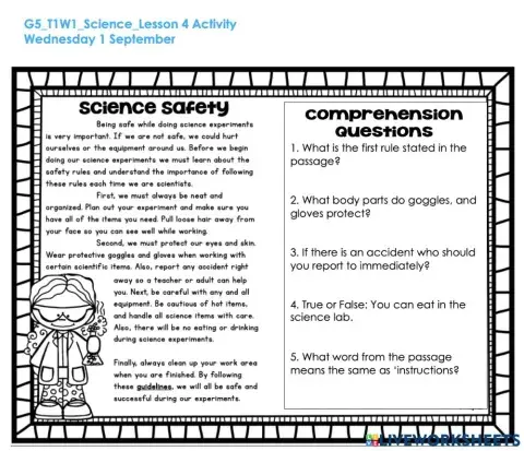 Science Safety Reading Comprehension