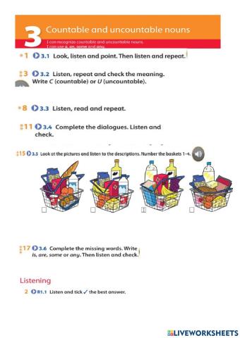 Unit 3 countable and uncountable nouns - listening exercices