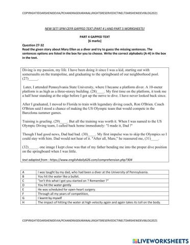 Spm cefr reading paper part 4 gapped text and part 5 new worksheets