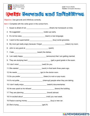 Quiz Gerund and Infinitives