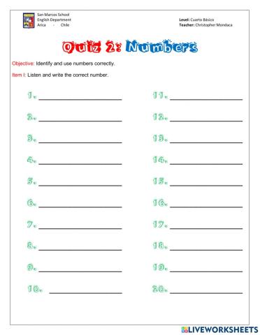 Quiz Numbers 1 100