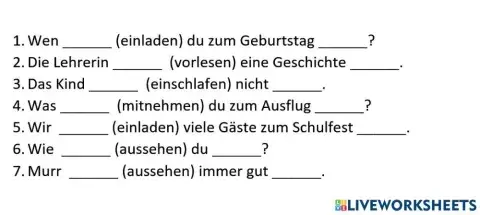 37-trennbare,untrennbare Verben- Ergänze die Sätze mit den trennbaren Verben. Stelle das Präfix am Ende des Satzes.