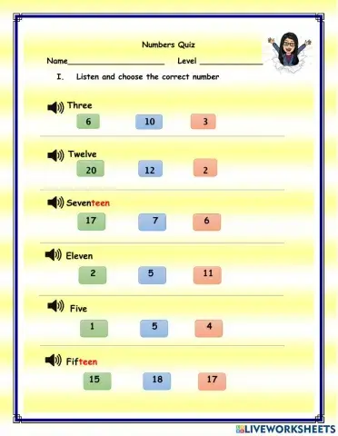 Numbers up to 20 quiz