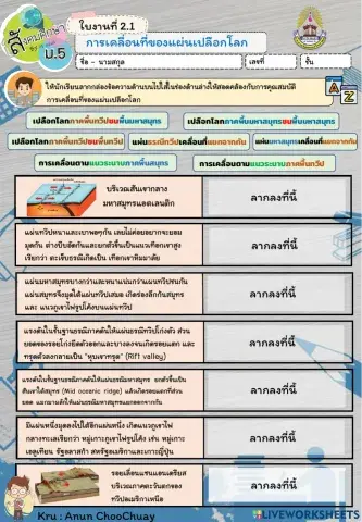 ใบงานที่2.1 การเคลื่อนตัวของแผ่นเปลือกโลก