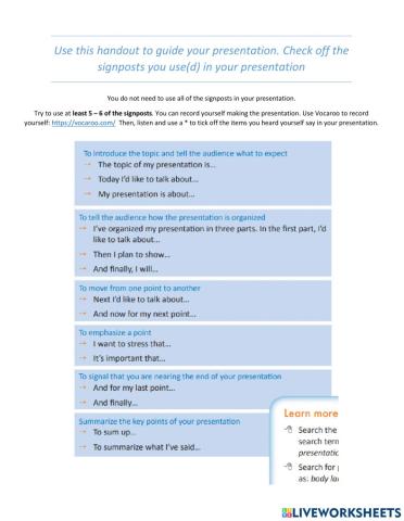 Signposts in a presentation from Language Companion Helpful English