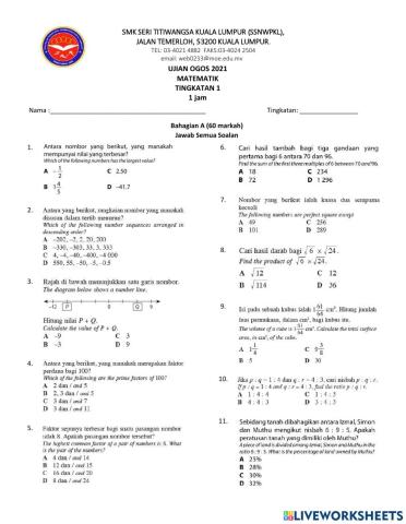 Matematik Tingkatan 1 Ujian Ogos 2021