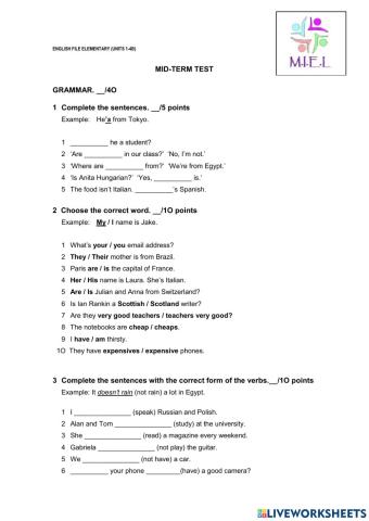 English File Elementary 4th Ed. - File Test Units 1-4B