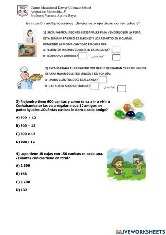 5° Evaluación multiplicaciones, divisiones, operatoria combinada