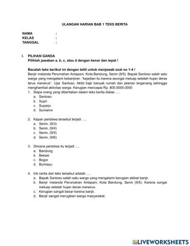 Ulangan harian bab 1 Bahasa Indonesia