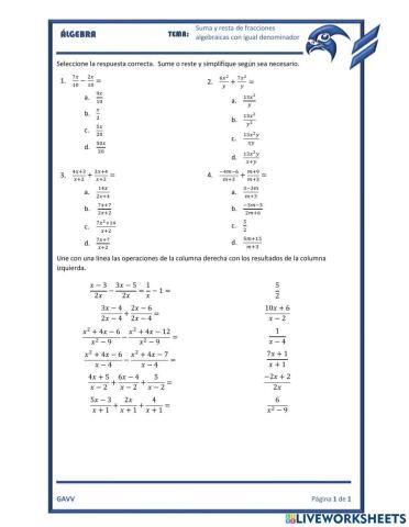 Suma y resta de fracciones algebraicas de igual denominador
