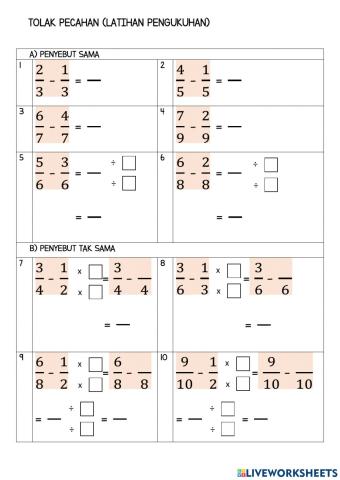 Matematik Tahun 3 - Tolak Pecahan