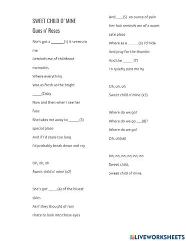 SWEET CHILD O’ MINE: Worksheet song