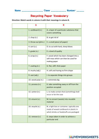 Recycling Paper Vocabulary