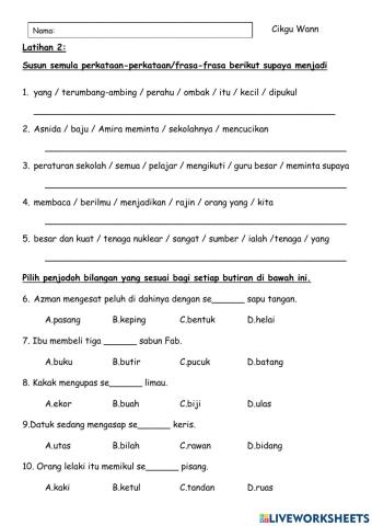 Latihan 2 : Menyusun Struktur Ayat dan Penjodoh Bilangan
