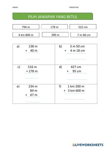 Latihan 1 Matematik (ukuran panjang)