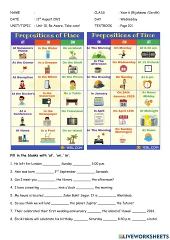 Preposition of Time and Place