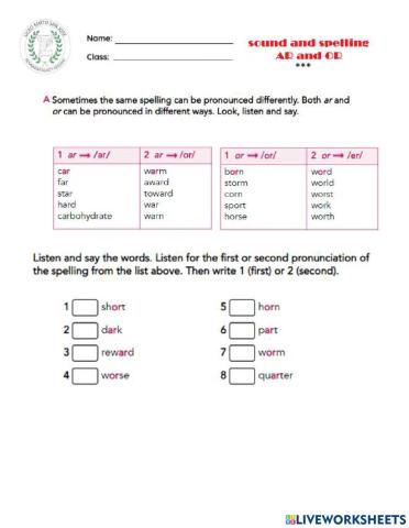 Sound and Spelling: AR and OR