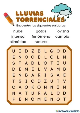 Sopa de letras sobre las lluvias torrenciales