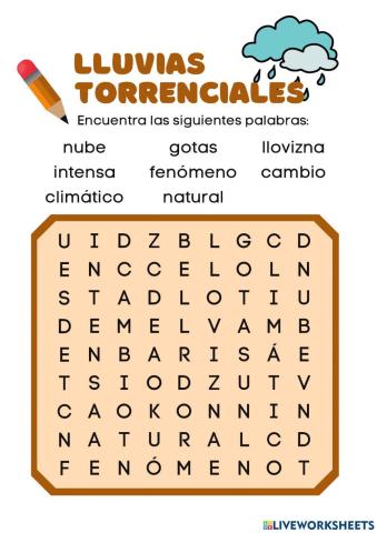 Sopa de letras sobre las lluvias torrenciales
