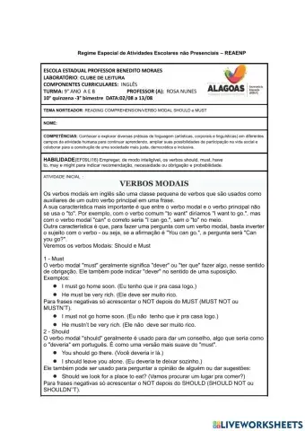 Roteiro de Inglês  - 9 ano- 10 ° quinzena