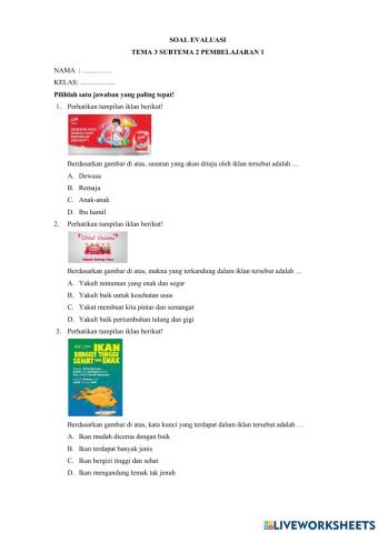 Soal evaluasi tema 3 subtema 2 pembelajaran 1