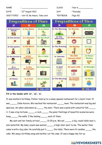 Preposition of Place and Time