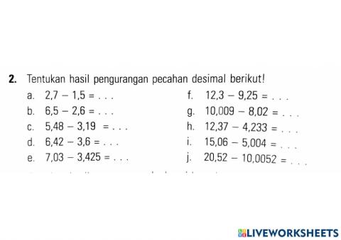 Latihan 2 pengurangan pecahan desimal