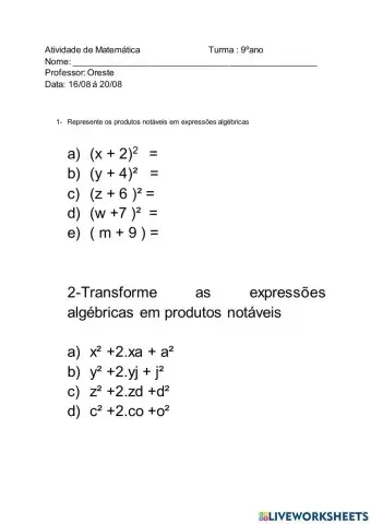 Quadrado da soma de dois termos