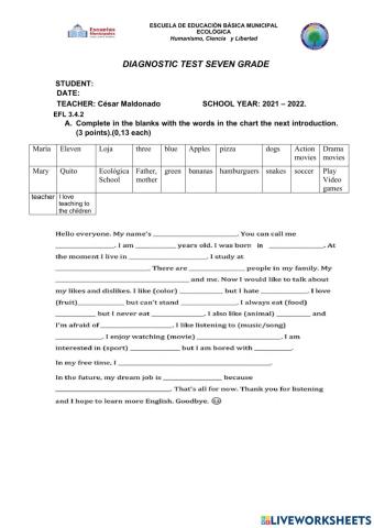 Diagnostic test seventh grade