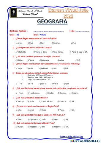 Examen Geografia 6to Prim Julio