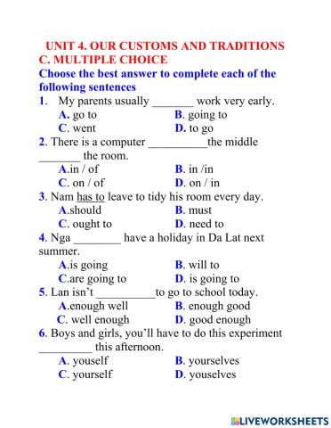Test lớp 8 MULTIPLE CHOICE unit 4