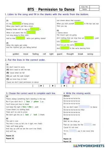 BTS 'Permission to Dance' Worksheet