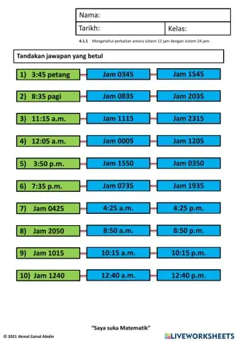 4.1.1    Mengetahui perkaitan antara sistem 12 jam dengan sistem 24 jam.