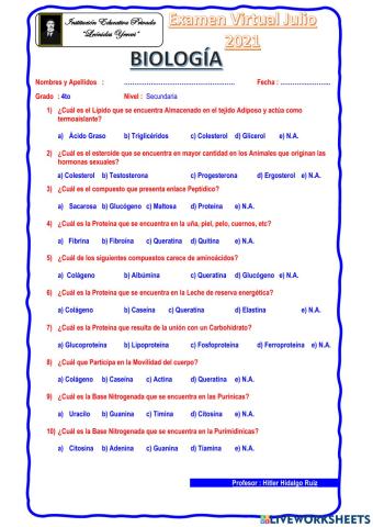Examen Biologia 4to Sec.