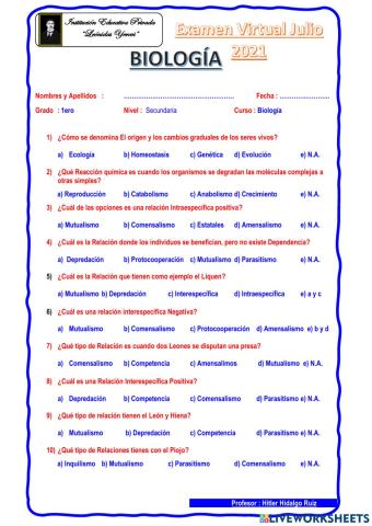 Examen Biologia 1ero Sec.