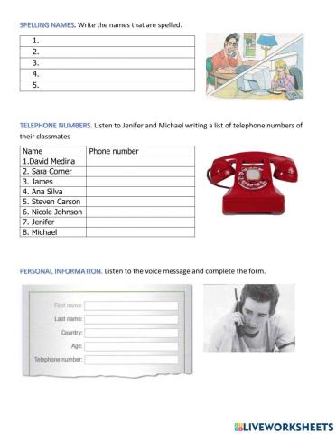 Listening, spelling, phone numbers learning activity 1
