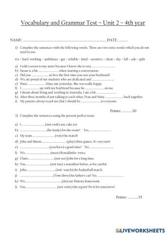 Vocabulary and grammar test