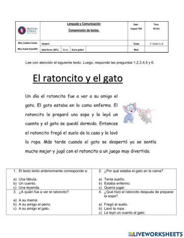 Prueba de Comprensión Lectora 2do A y B