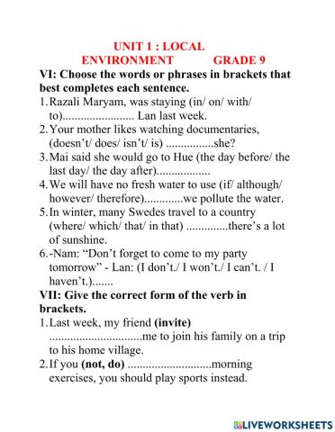 Lớp 9 unit 1 LOCAL ENVIRONMENT(VI---IX)