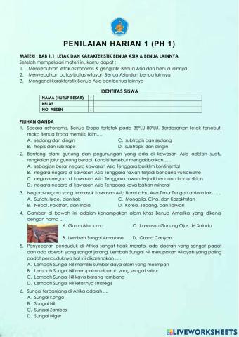 PENILAIAN HARIAN 1 : LETAK - KARAKTERISTIK BENUA DI DUNIA