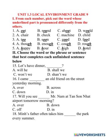 Lớp 9 unit 1.3  LOCAL ENVIRONMENT