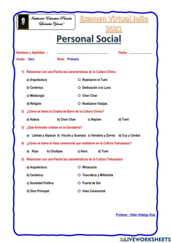 Examen Personal Social 3ero Prim Julio 2021