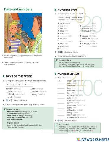 Days of the weeks and numbers