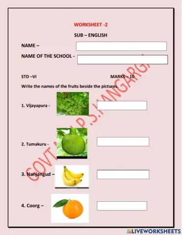 Writes the names of the fruits besides the pictures