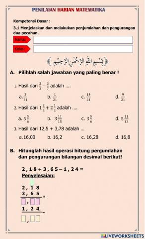 Penilaian Harian Penjumlahan dan pengurangan pecahan