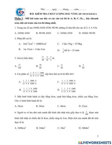 Bài kiểm tra đầu năm Toán số 1